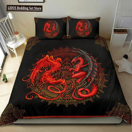 Dragon And Phoenix Duvet Cover Set Full Queen Size, Fantasy World Monster Gothic Bedding Sets Bohemian Mandala Comforter Cover