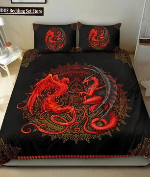 Dragon And Phoenix Duvet Cover Set Full Queen Size, Fantasy World Monster Gothic Bedding Sets Bohemian Mandala Comforter Cover Lusy Store