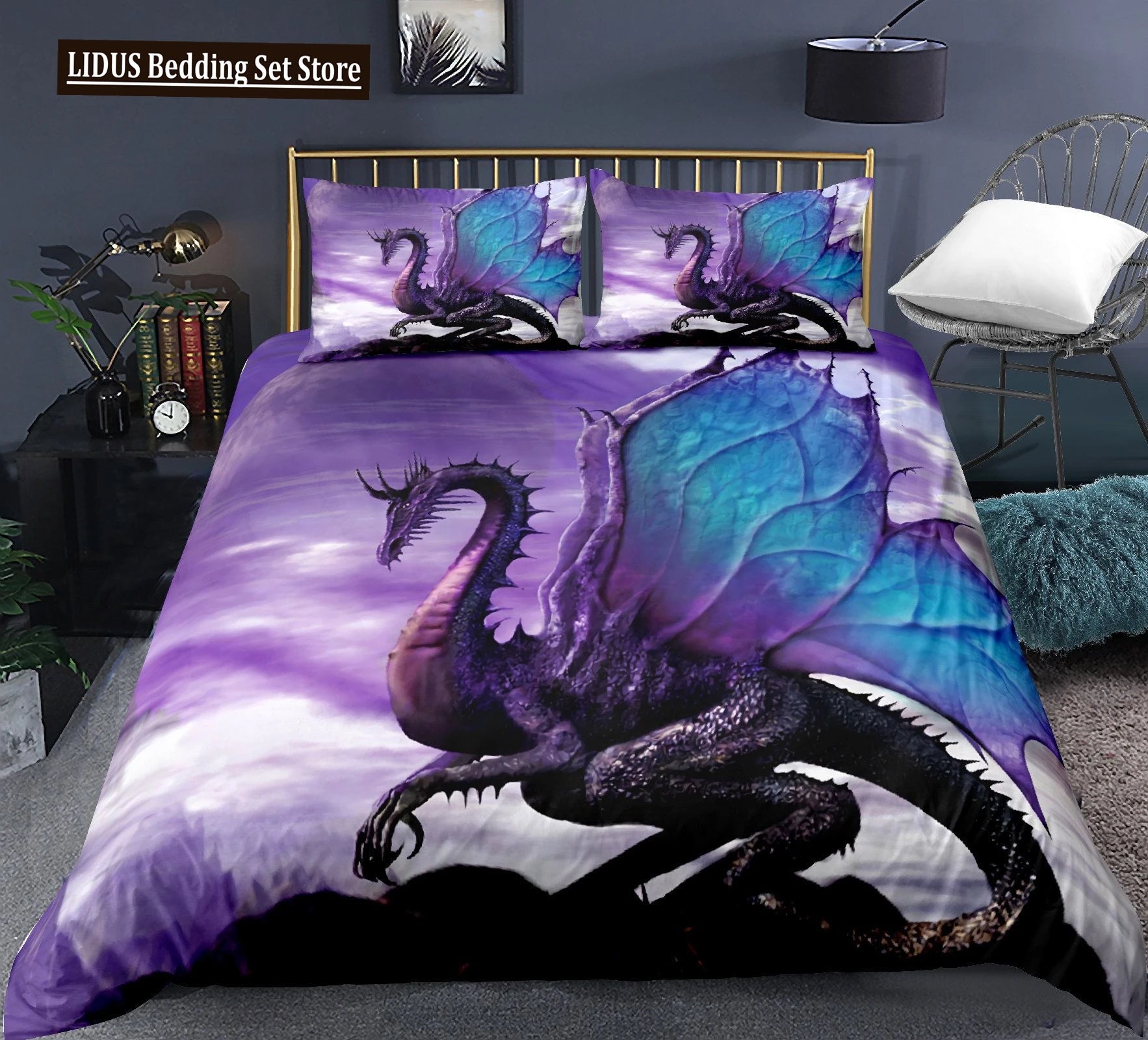 Dragon And Phoenix Duvet Cover Set Full Queen Size, Fantasy World Monster Gothic Bedding Sets Bohemian Mandala Comforter Cover Lusy Store