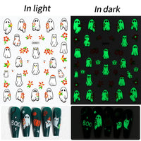 12Sheets Halloween Luminous Nail Art Stickers Cartoon Ghost /Pumpkin/Spider/Bat/Skull/Black-Cat Decals Manicure Adhesive Sliders
