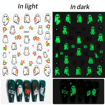 12Sheets Halloween Luminous Nail Art Stickers Cartoon Ghost /Pumpkin/Spider/Bat/Skull/Black-Cat Decals Manicure Adhesive Sliders