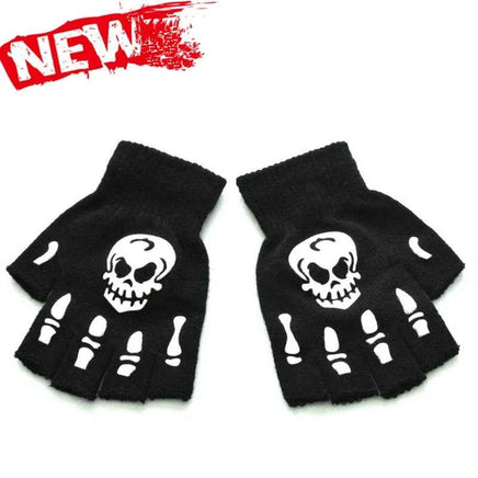 New Adult Cosplay Halloween Skeleton Skull Half Finger Punk Gloves Glow in the Dark Fingerless Stretch Knitted Winter Mittens style 2