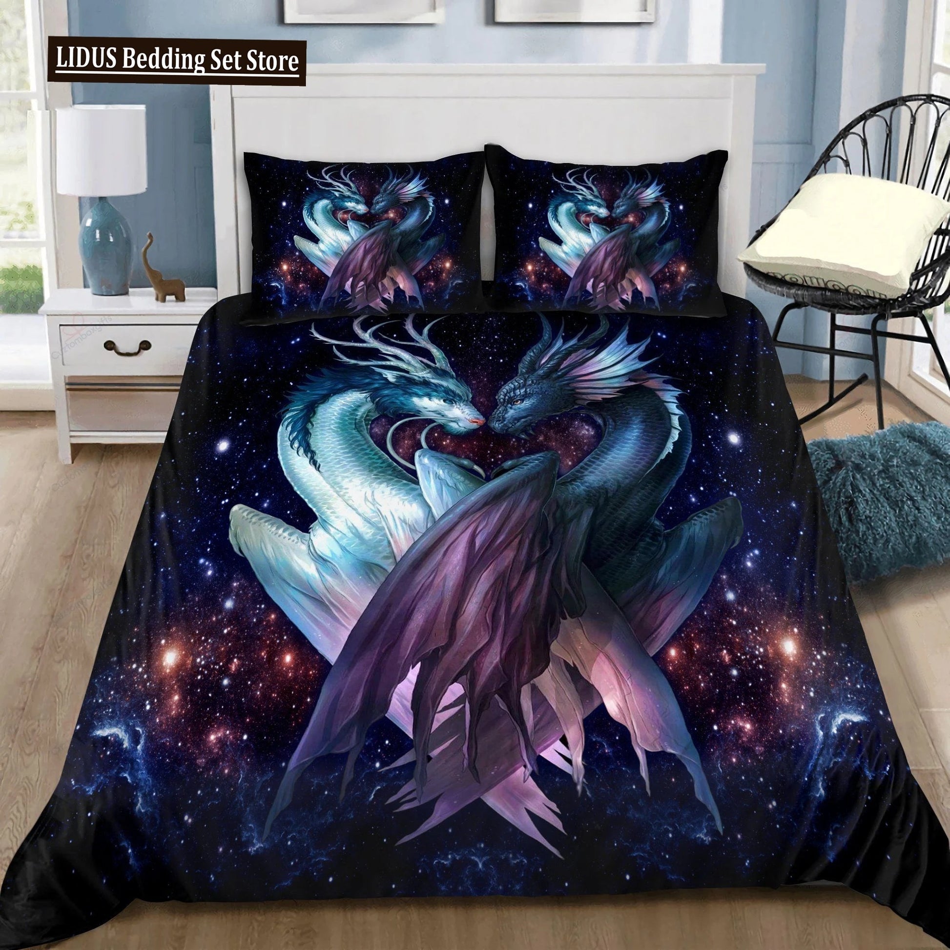 Dragon And Phoenix Duvet Cover Set Full Queen Size, Fantasy World Monster Gothic Bedding Sets Bohemian Mandala Comforter Cover Lusy Store