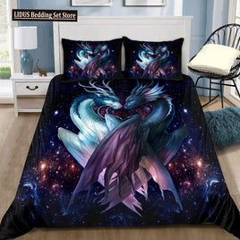 Dragon And Phoenix Duvet Cover Set Full Queen Size, Fantasy World Monster Gothic Bedding Sets Bohemian Mandala Comforter Cover as picture