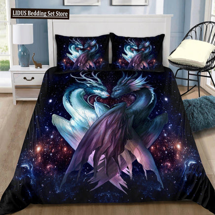 Dragon And Phoenix Duvet Cover Set Full Queen Size, Fantasy World Monster Gothic Bedding Sets Bohemian Mandala Comforter Cover