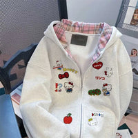 Sanrio Hello Kitty Plaid Hooded Sweatshirt Kawaii Women's Couple Zipper Jacket Cartoon Anime Accessories Breathable Sportswear