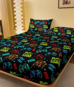 Lusy Store 1 Cartoon Fun Game  Printed Matte Fitted Sheet, Bedroom Printed Bed Cover, Bedding (Excluding Pillowcases) 