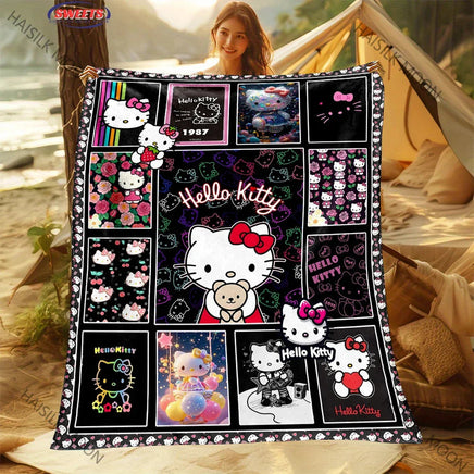 Multi-grid Sanrio Hello Kitty in Flowers Blanket, Home Office Nap RV Blanket for Four Seasons, Machine Washable Flannel Blankets Style B