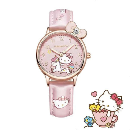 Sanrio Water Resistant Watches Kawaii Cartoon Anime Hello Kitty Kuromi Cinnamoroll High Quality White Leather Watch Girl Gifts 01
