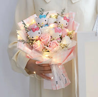 Hello Kitty Bouquet Plush Stuffed Doll Kawaii Soap Flower Gift Box Rose Flower Gifts E 4 doll 1 led 1 bag