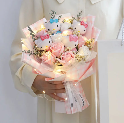 Hello Kitty Bouquet Plush Stuffed Doll Kawaii Soap Flower Gift Box Rose Flower Gifts E 4 doll 1 led 1 bag