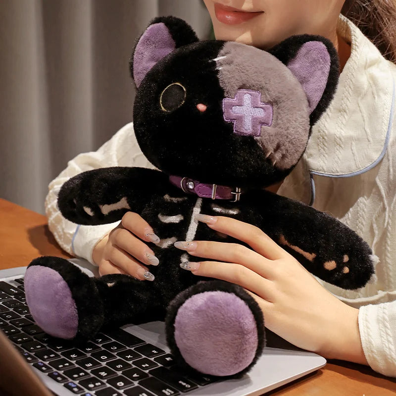 Lusy Store LLC Black White Kitten Scary Darkness Skeleton Cartoon Animal Doll Plush Toy Stuffed Halloween's Days Decor Present Plush