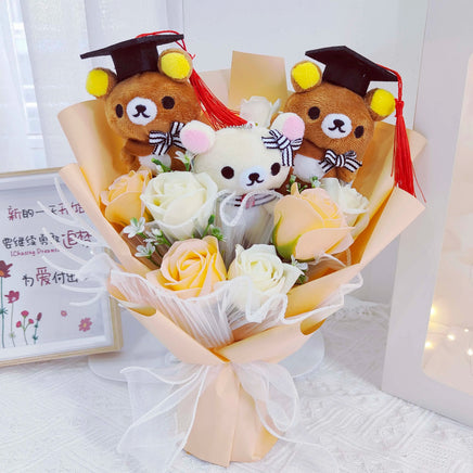 Graduate Teddy Bear Stuffed Animal Plush Toy Lover Rilakkuma With graduation Flower Bouquet Gift Box Birthday Graduation Gifts Fluorescent Yellow NO box