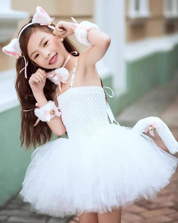 White Cat Tutu Dress for Girls Carnival Halloween Costumes for Kids Toddler Animal Cosplay Outfit for Birthday Party Clothes Set