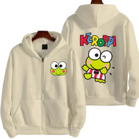 Men Zip Up Hoodie Keroppi White Cartoon Anime Sweatshirt for Couples Khaki