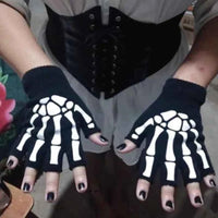 New Adult Cosplay Halloween Skeleton Skull Half Finger Punk Gloves Glow in the Dark Fingerless Stretch Knitted Winter Mittens