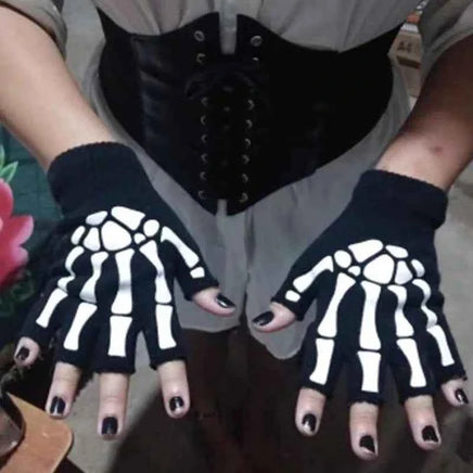 New Adult Cosplay Halloween Skeleton Skull Half Finger Punk Gloves Glow in the Dark Fingerless Stretch Knitted Winter Mittens