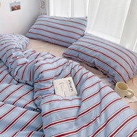 Simple Style Red And Blue Strip Duvet Cover Set Bed Sheet Set Washed Cotton Bedding Set 3
