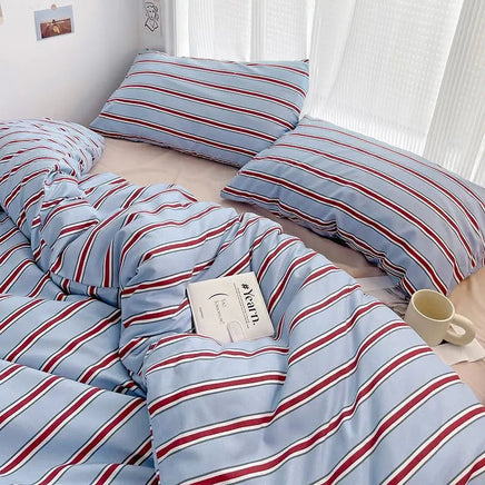 Simple Style Red And Blue Strip Duvet Cover Set Bed Sheet Set Washed Cotton Bedding Set 3