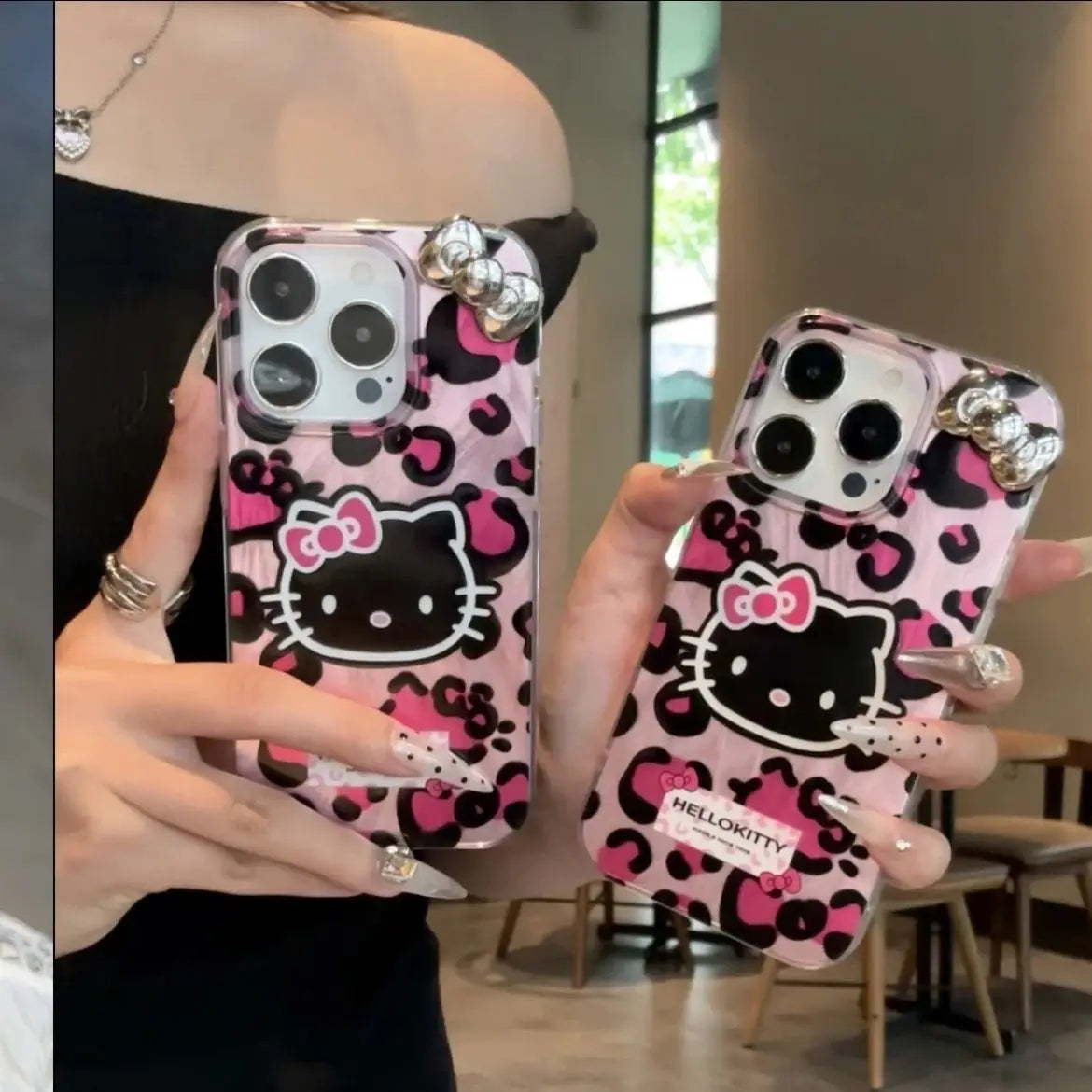 Lusy Store Pink Leopard Print HelloKitty Bow Mobile Phone Case For iPhone 15 14 13 12 11 Pro Max XR XS 7 8 Plus Silicone Laser Covers Y2K 