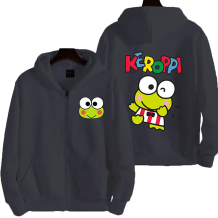 Men Zip Up Hoodie Keroppi White Cartoon Anime Sweatshirt for Couples Drak Gray