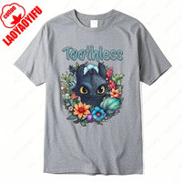 How To Train Your Dragon Toothless Floral Cotton T-Shirt Fashion Cartoon Anime Graphic Tshirt Funny Kawaii Men Woman Casual Tee Wu-gray-06