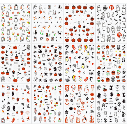 12Sheets Halloween Luminous Nail Art Stickers Cartoon Ghost /Pumpkin/Spider/Bat/Skull/Black-Cat Decals Manicure Adhesive Sliders