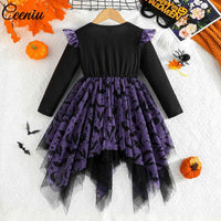 1-5Y Toddler Girls Halloween Dresses For Kids Long Sleeve Allover Bat Printed Party Dresses Children Baby Halloween Costumes