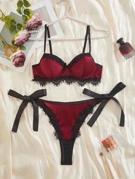 Adults Ladies Sexy Lingerie for Women's Underwear Lace Wine Red Sexy Bras and Thong Open Set Halloween Costumes for Women Burgundy