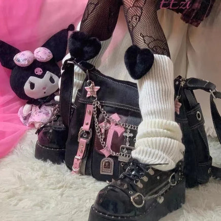 Hello Kitty Gothic Punk Vintage Pink Cross Chains Crossbody Bags For Women
