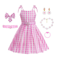 Girls Pink Barbie Princess Dress Movie Role Playing Costume With Belt Plaid Sling Dress Halloween Birthday Outfit Dress Up 2-10T Barbie Dress set
