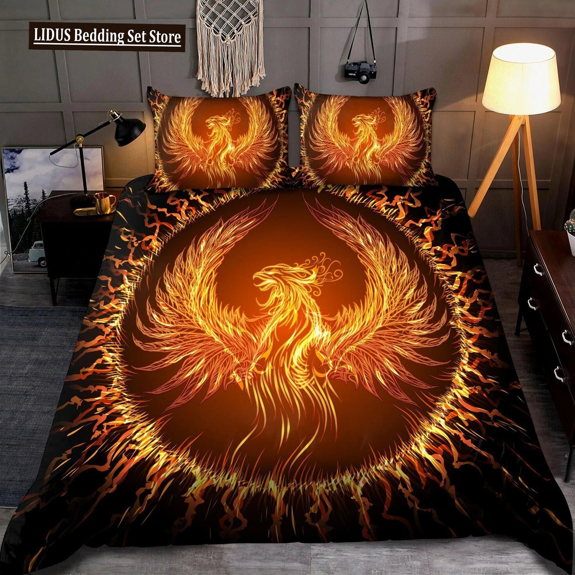 Dragon And Phoenix Duvet Cover Set Full Queen Size, Fantasy World Monster Gothic Bedding Sets Bohemian Mandala Comforter Cover Lusy Store