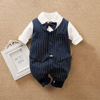 3-18M Boys Romper Newborn Striped Gentleman Tuxedo Infant Party Costume Baby Cotton Halloween Outfit Long Sleeve Formal Clothes ED85A3
