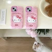 Cute Sanrio Hello Kitty Furry Plush Phone Case for iPhone 16 15 14 13 12 Pro Max