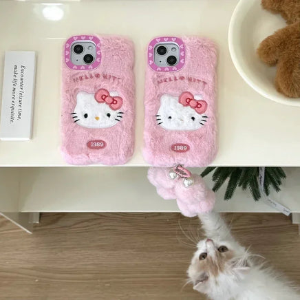 Cute Sanrio Hello Kitty Furry Plush Phone Case for iPhone 16 15 14 13 12 Pro Max