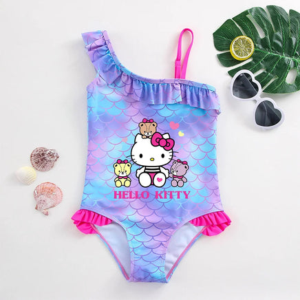 Hello Kitty Girls Swimsuit Mermaid Fish Scale One-Piece Bathing Suits Children's Dresses Kids Wear Summer Swimwear Beach Suit