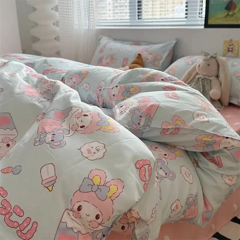 Lusy Store LLC Hello Kitty Bedding Set Kawaii Cartoon Bed Linen Sheet Duvet Cover With Pillowcase Girls Bed Cover Set bedding