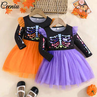 1-5Y Toddler Girls Halloween Dresses For Kids Long Sleeve Allover Bat Printed Party Dresses Children Baby Halloween Costumes