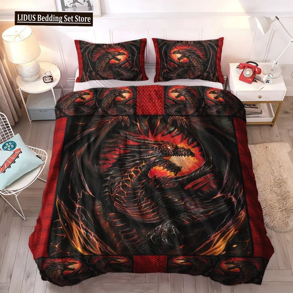 Dragon And Phoenix Duvet Cover Set Full Queen Size, Fantasy World Monster Gothic Bedding Sets Bohemian Mandala Comforter Cover Lusy Store
