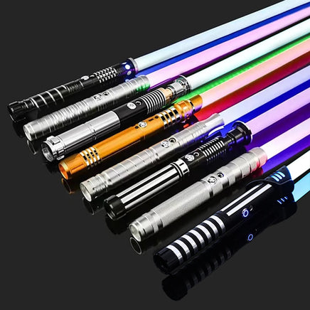 RGB Metal Lightsaber Laser Sword Toy with 14 color-changing blade on display