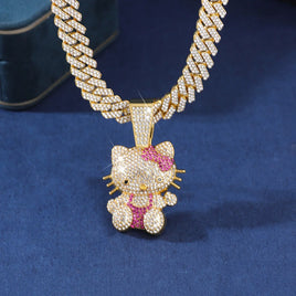 Kawaii Hello Kitty Necklace Cute Sanrio Diamond Cat Zinc Alloy Pendant Men and Women Cuban Chain Necklace Hip Hop Fashion