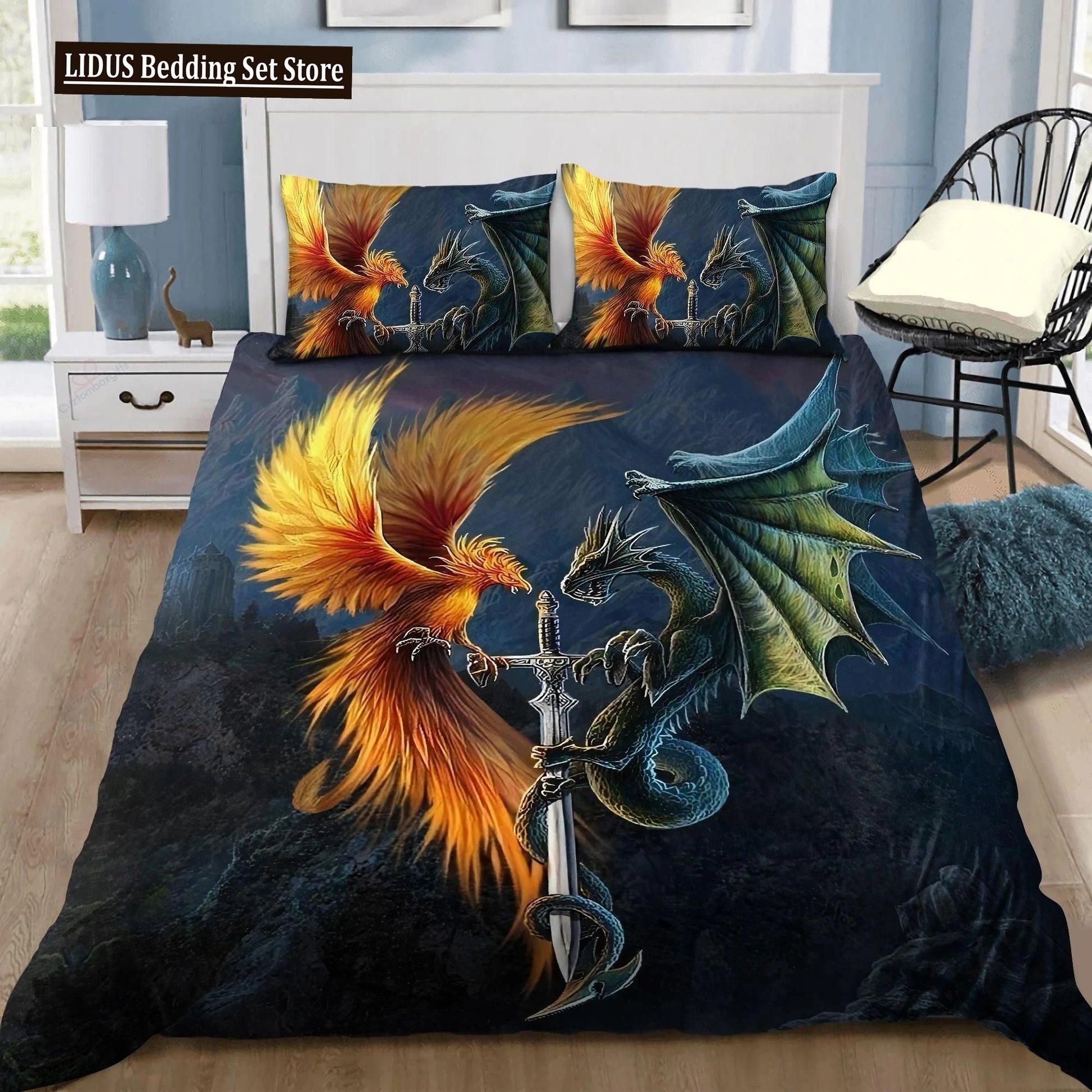 Dragon And Phoenix Duvet Cover Set Full Queen Size, Fantasy World Monster Gothic Bedding Sets Bohemian Mandala Comforter Cover Lusy Store