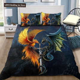 Dragon And Phoenix Duvet Cover Set Full Queen Size, Fantasy World Monster Gothic Bedding Sets Bohemian Mandala Comforter Cover as picture