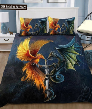 Dragon And Phoenix Duvet Cover Set Full Queen Size, Fantasy World Monster Gothic Bedding Sets Bohemian Mandala Comforter Cover Lusy Store
