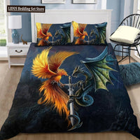 Dragon And Phoenix Duvet Cover Set Full Queen Size, Fantasy World Monster Gothic Bedding Sets Bohemian Mandala Comforter Cover