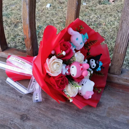 Lusy Store LLC Kuromi My Melody Cinnamoroll Hello Kitty Soap Flower Cartoon Plush Bouquet Valentine's Day Christmas Graduation Gift Bouquet