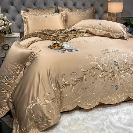 Egyptian Cotton Bedding Set Golden Embroidery Home Textiles Super Soft Bed Duvet Sheet Set King Queen Size Chic Stitch Linen 이불 Lusy Store