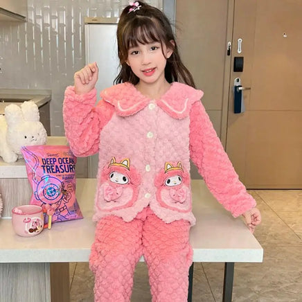Sanrio Pajamas Kuromi Anime Children Comfortable Coral Cartoon Cute Warm Casual Home Clothing