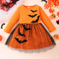 Prowow 2-8Y Kids Purple Halloween Dresses For Girls Long Sleeve Princess Mesh Spooky Spider Dress Children Halloween Costumes Orange Bat