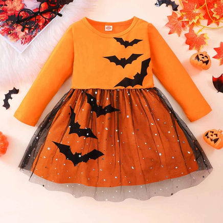 Prowow 2-8Y Kids Purple Halloween Dresses For Girls Long Sleeve Princess Mesh Spooky Spider Dress Children Halloween Costumes Orange Bat